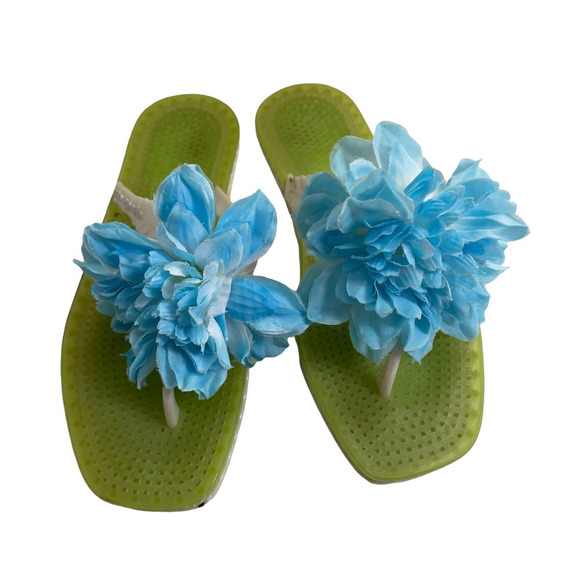 KATE SPADE BELLA JELLY FLIP FLOPS LIME GREEN W/BLUE FLOWERS - Picture 1 of 7